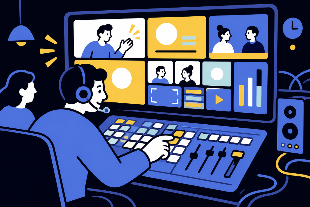 Cartoon illustration of a Television studio control room.